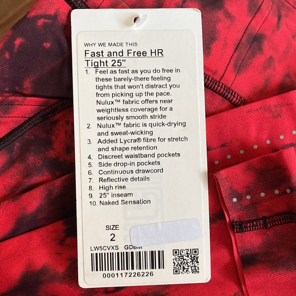 ❤️ Lululemon Fast & Free 25” Leggings Game Day Red Tie Dye Size 2 NWT - Picture 4 of 5